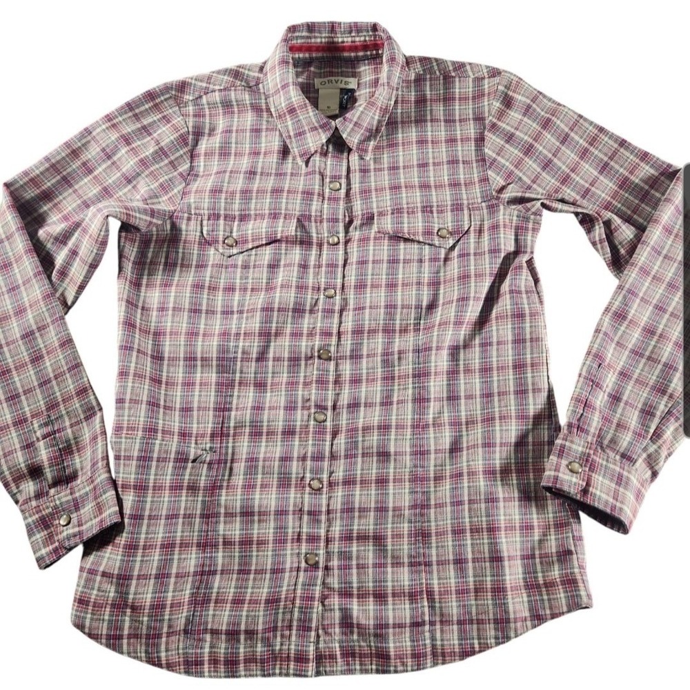 Orvis Passport Plaid Pearl Snap Shirt Women's‎ Size 10 Gray Long Sleeve Collared